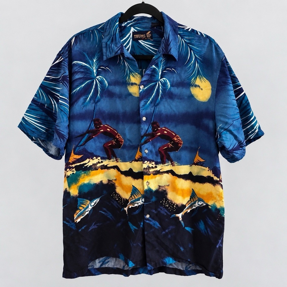 Vintage Thums Up Men's XL Hawaiian Shirt Surfer Marlin Palm Trees Run Small